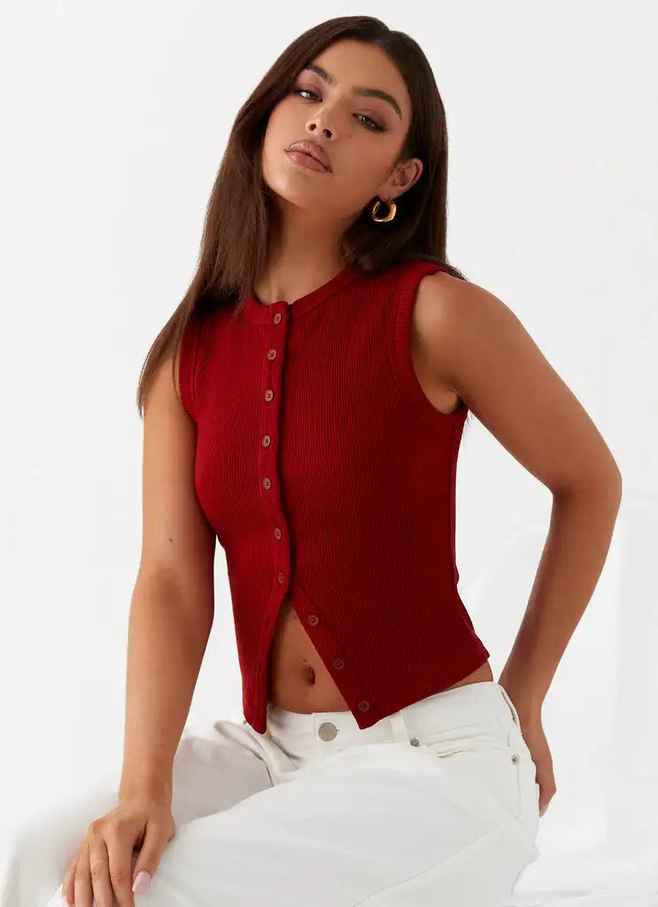 Chic Ribbed Button-Up TankTM